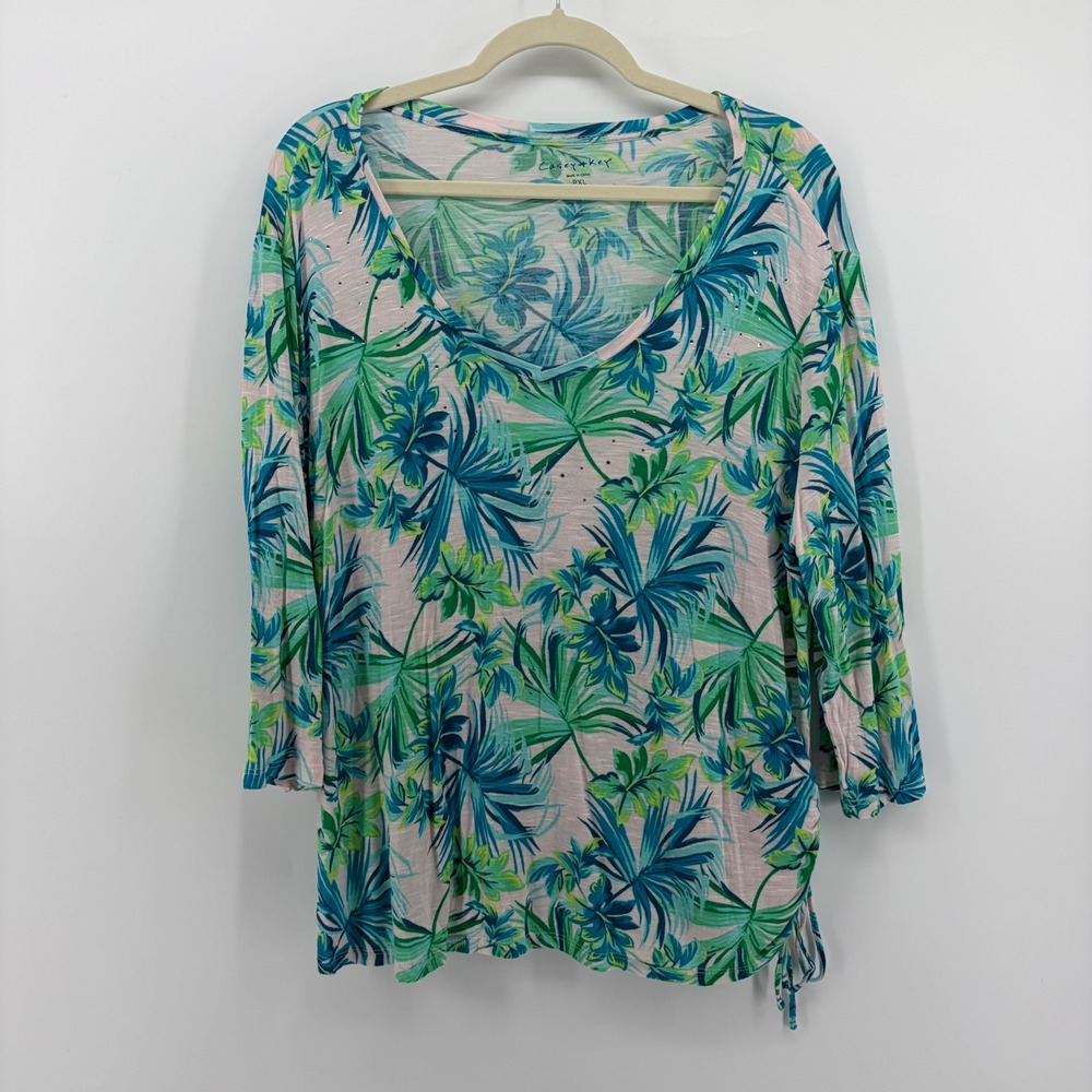 Casey Key Blue Green Tropical Palm Leaf Print V Neck 3/4‎ Sleeve Blouse PXL